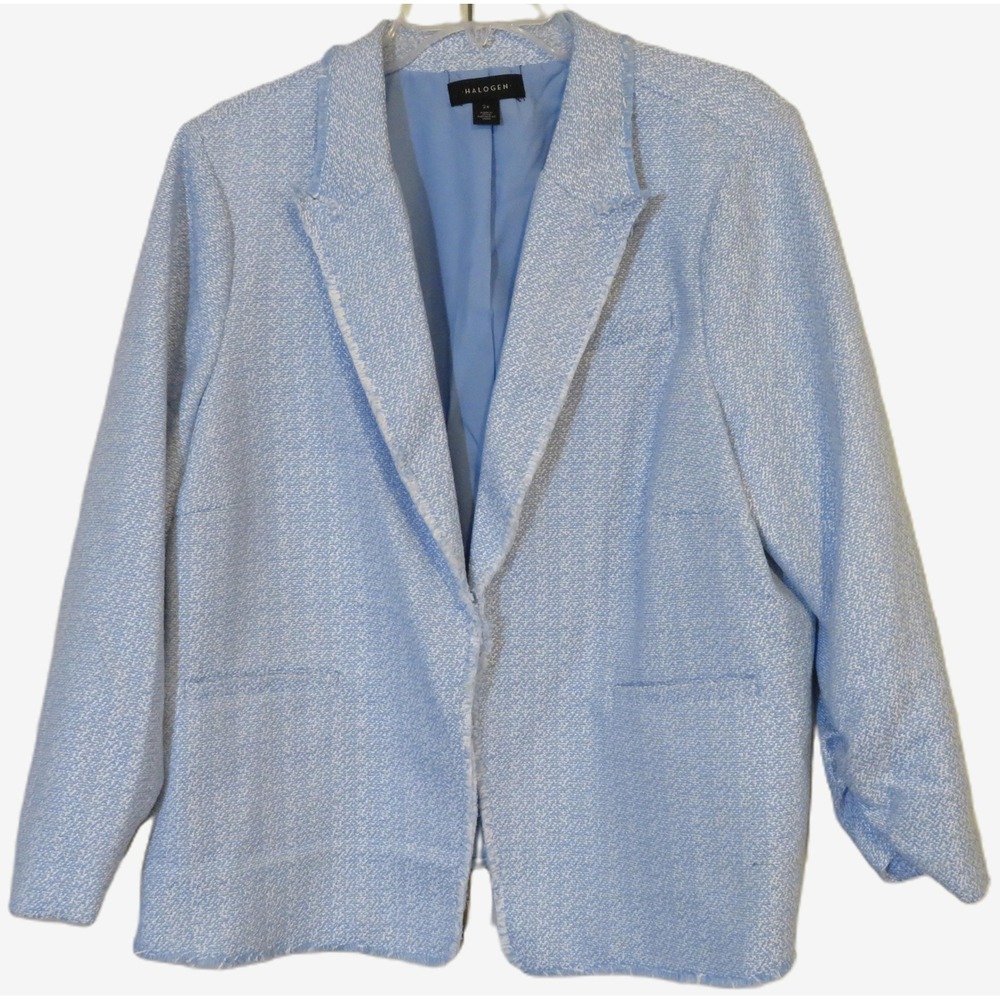 NWT 2X Halogen Blue Textured Fray Hem Blazer Ruched Sleeve Hook & Eye Closure